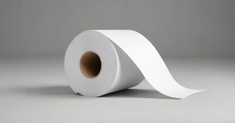 Single white toilet paper roll unwinding in a curve pattern, unwind effortlessly, hanging, roll out, drape, cylinder