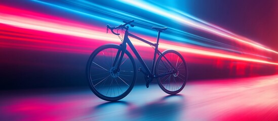 Fototapeta premium Black road bike in neon tunnel, speed lines background, cycling advert