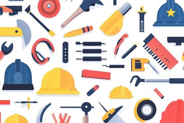 Obraz premium Engaging in the shared excitement of national Labor Day. Side view of american flag, set of tools, safety helmet, work gloves on wooden brown background with empty space for promo or text 