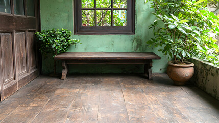 Rustic wooden bench in tranquil courtyard