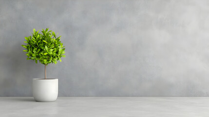 Small potted plant, grey wall background, minimalist home decor, website banner