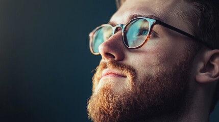 Close-up portrait of a man in glasses looking upwards in inspiration