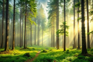 Obraz premium Serene forest landscape with tall trees and a misty atmosphere, calm, foliage