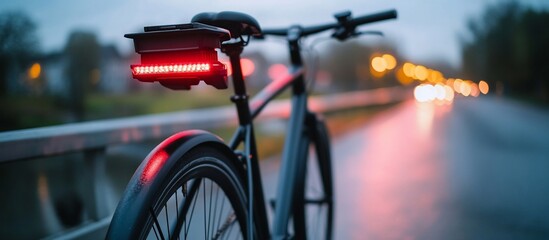 Illuminated bicycle on bridge at dusk, traffic blurred
