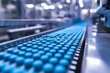 Obraz premium Production of blue tablets on a conveyor belt in a pharmaceutical manufacturing facility