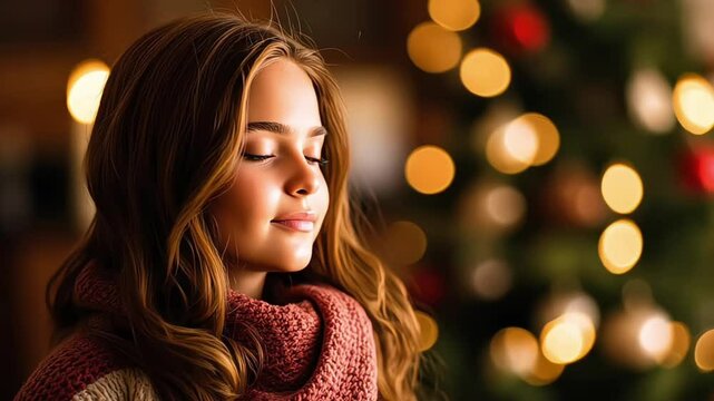 Pretty woman pray on a christmas day in the church