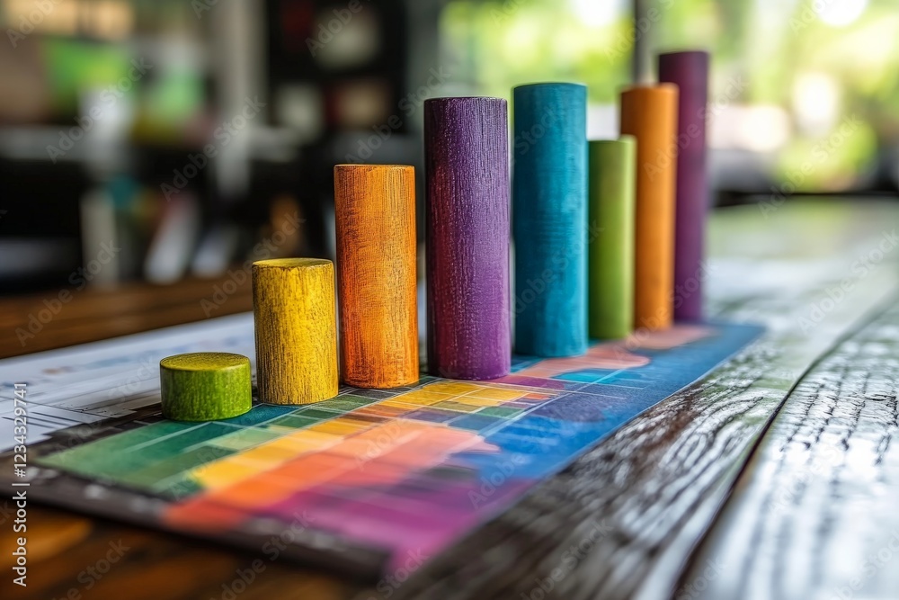 Aufkleber colorful wooden bar graph on a table representing data and statistics during a bright daylight setti