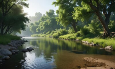 Fototapeta premium River with lush riverbank and surrounding trees, wildlife, water