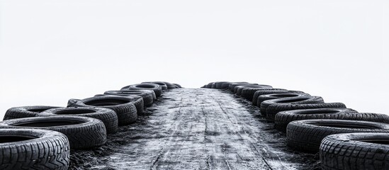 Tire path leads to foggy horizon; outdoor off-road use