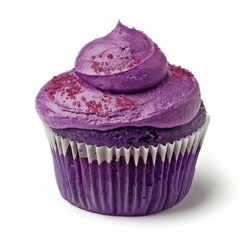 Purple cupcake with frosting and sprinkles isolated on a white background, representing concepts of sweetness, celebrations, and indulgence