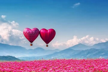 Fototapeta premium Heart-Shaped Hot Air Balloons Over a Field of Pink Tulips
