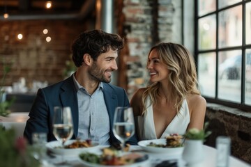 A romantic couple enjoys a delicious meal together at a restaurant, sharing intimate conversation and smiles.