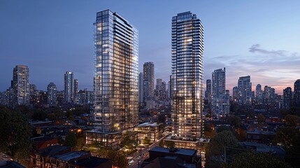 Twin Skyscrapers Illuminate Cityscape At Dusk