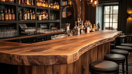 An empty wooden bar counter in a restaurant suggests a relaxed setting with a blurred bottle background. 
