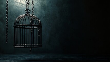 Empty Birdcage Hanging by Chains in Dark Room, Metal Cage, Captivity, Freedom, Solitude, Mystery, Gloom, Shadowy, Dramatic Lighting
