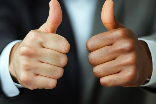 Diverse hands giving thumbs up in a professional setting to signify approval and positivity