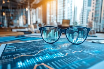 Glasses display digital data in a modern office setting overlooking a city skyline during sunset