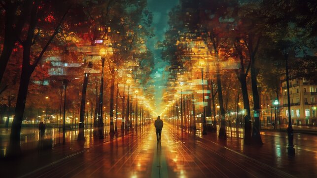 Person walking on a futuristic rainy city street at night