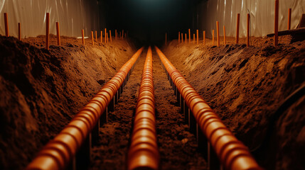 A trench filled with orange heating pipes laid in parallel, surrounded by rich brown soil and construction tools.