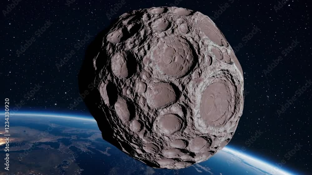 Aufkleber planet earth, partially illuminated by the sun, is approached by a large asteroid from deep space, a