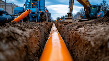 A combination of orange and blue pipes laid parallel in a trench, surrounded by freshly dug earth and construction tools.