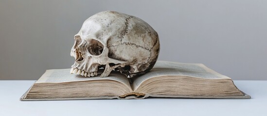 Skull rests on antique book, plain background; mortality, literature concept