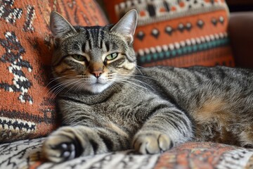 Tabby cat relaxing on a cozy knitted couch surrounded by vibrant cushions in a warm living room