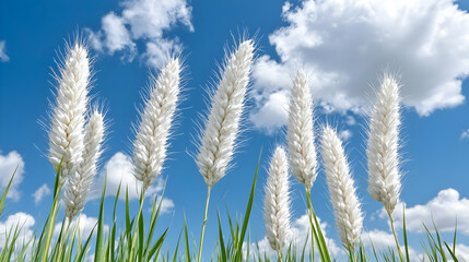 White grass sways under blue sky; fluffy clouds. Nature background