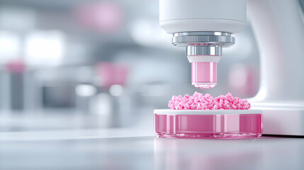 Lab analysis Pink substance examined under microscope in sterile lab