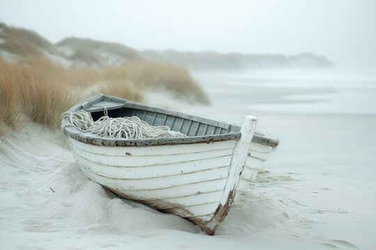Old weathered white fishing boat rests on a sandy beach, under a foggy sky.