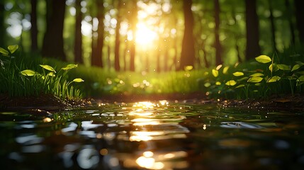 Fototapeta premium Forest Stream Sunlight Golden Hour