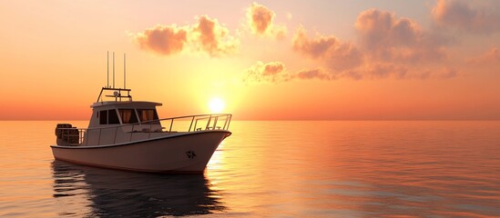 Naklejka premium Sunset ocean yacht, tranquil sea, golden sky, travel brochure