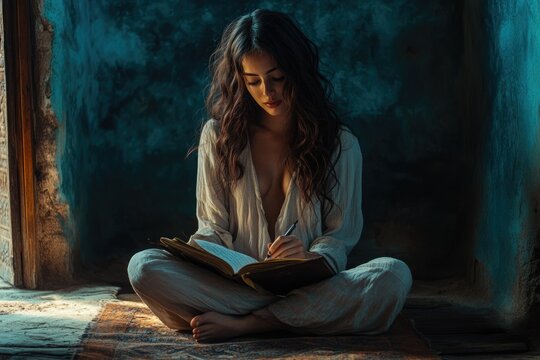 A young woman sits cross-legged, pensively writing in a journal, bathed in moody, dramatic lighting.