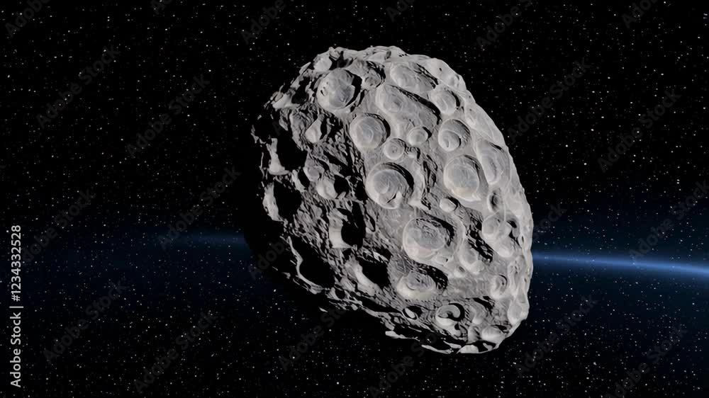 Aufkleber Huge asteroid slowly rotating in the vastness of deep space, with craters and an irregular shape, against a backdrop of distant stars and a subtle blue nebula
