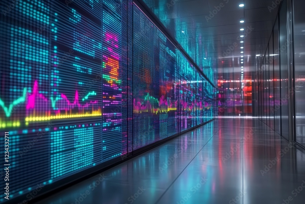 Poster digital display of financial data in a modern corporate hallway during the evening
