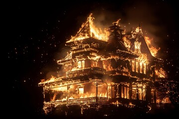 Obraz premium A two story house fully engulfed in raging flames at night, with fire consuming the structure and lighting up the dark surroundings.