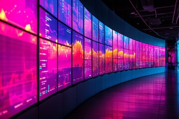 Data visualization corridor displaying vibrant analytics in a modern technology hub at night