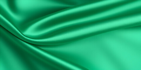 Fototapeta premium Silky emerald fabric, luxurious green satin, flowing drapery, soft folds, shimmering texture, vibrant jade color, smooth undulating surface, glossy material, abstract background, high-resolution detai