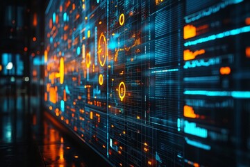 Illuminated digital display in a modern technology center with interactive data visualization at night