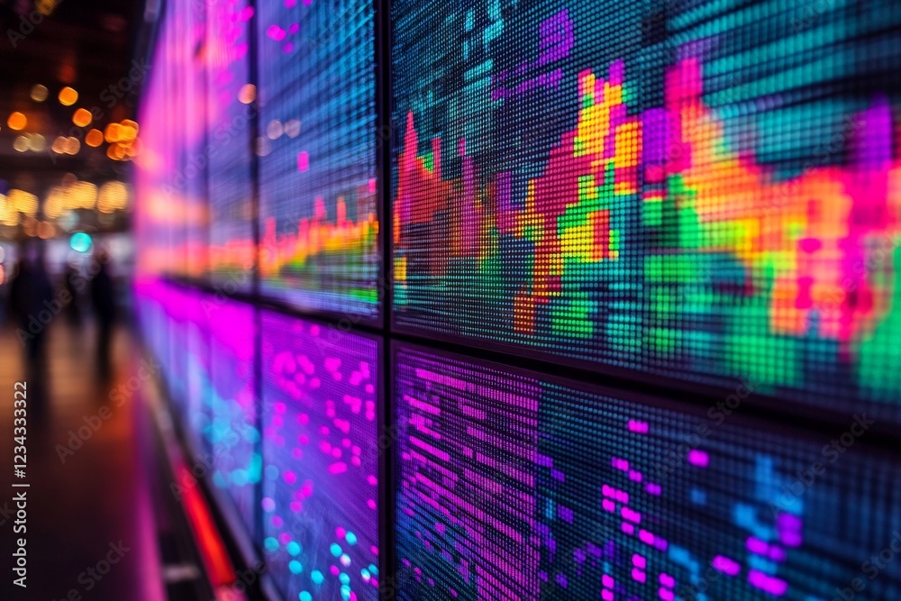 Poster Colorful digital display showing vibrant data visualization patterns in a modern business environment