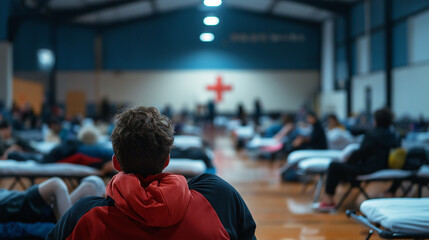 A packed gym with rows of cots, a small group of evacuees seated nearby, creating a scene of community and resilience during a crisis.