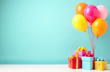 A bunch of multi-colored helium balloons and gifts on a blue background with a place for an inscription.