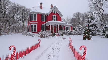 Naklejka premium Snowy red Victorian house, Christmas decor, winter wonderland scene, holiday card
