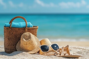 Beach Vacation Essentials: Straw Hats, Sunglasses, and a Woven Bag