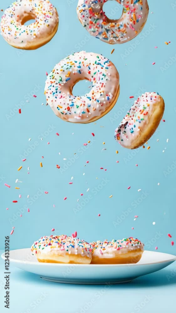 Poster several iced ring donuts with colorful sprinkles are levitating above a plate on a vibrant blue back