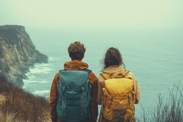 Fototapeta premium Couple with backpacks admiring a dramatic coastal view, enjoying the scenic beauty of the ocean and cliffs.