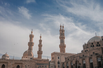 Photograph of the Al-Azhar mosque in Cairo. Exterior of the Muslim mosque where Islam is practiced. Religion.