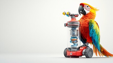 Naklejka premium Scarlet macaw riding futuristic scooter, white background, technology ad