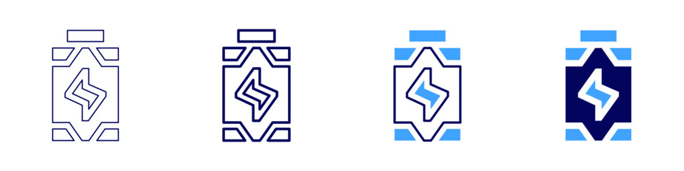 Alert battery status icon in 4 different styles. Thin Line, Line, Bold, and Bold Line. Duotone style. Editable stroke