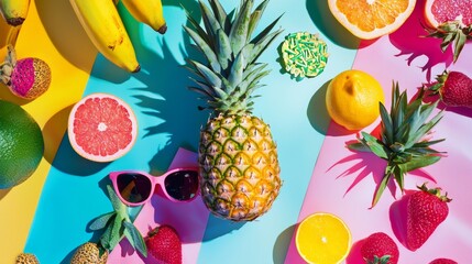 Tropical fruit collage with vibrant colors on blue background